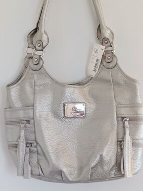 Rosetti Metallic Silver Textured Shoulder Bag with Dual Zipper Pockets